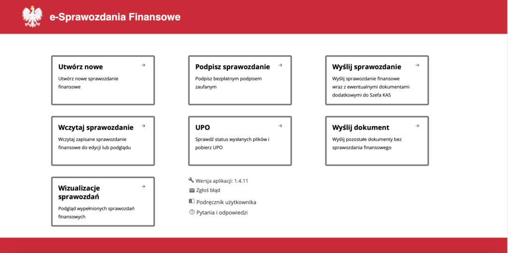 Screen ze strony www, za pomocą której można złożyć sprawozdanie finansowe do KAS