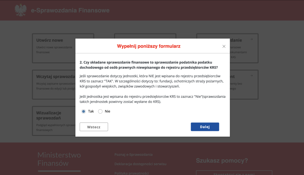 Screen oświadczenia o jednostce do sprawozdania finansowego.