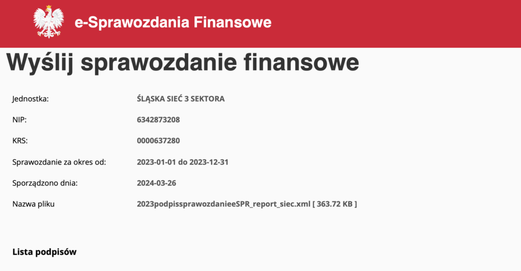 Screen poprawnie wczytanego sprawozdania finansowego