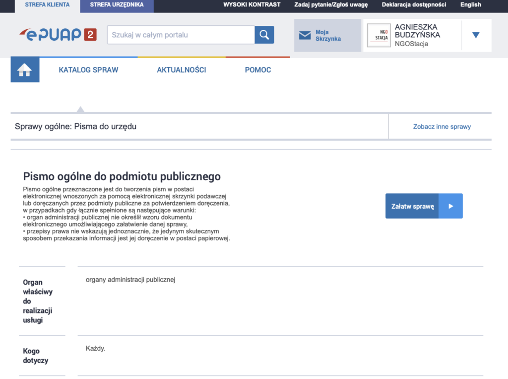 Widok formularza do wysyłania pism do urzędu w epuap