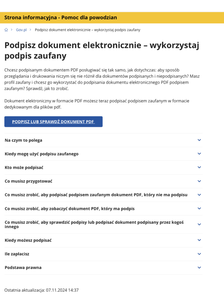 Zcreeen z rządowego programu do podpisywania dokumentów