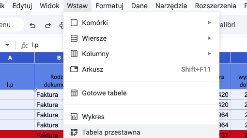 Screen z wstawiania tabeli przestawnej