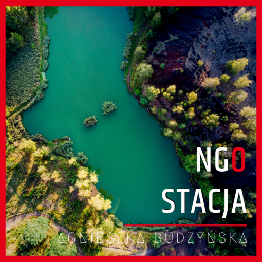 Okładka 112 odcinka podcastu pn. "Prawie wszystko o KSeF". Na obrazku jest staw na Arce sfotografowany z loty drona.