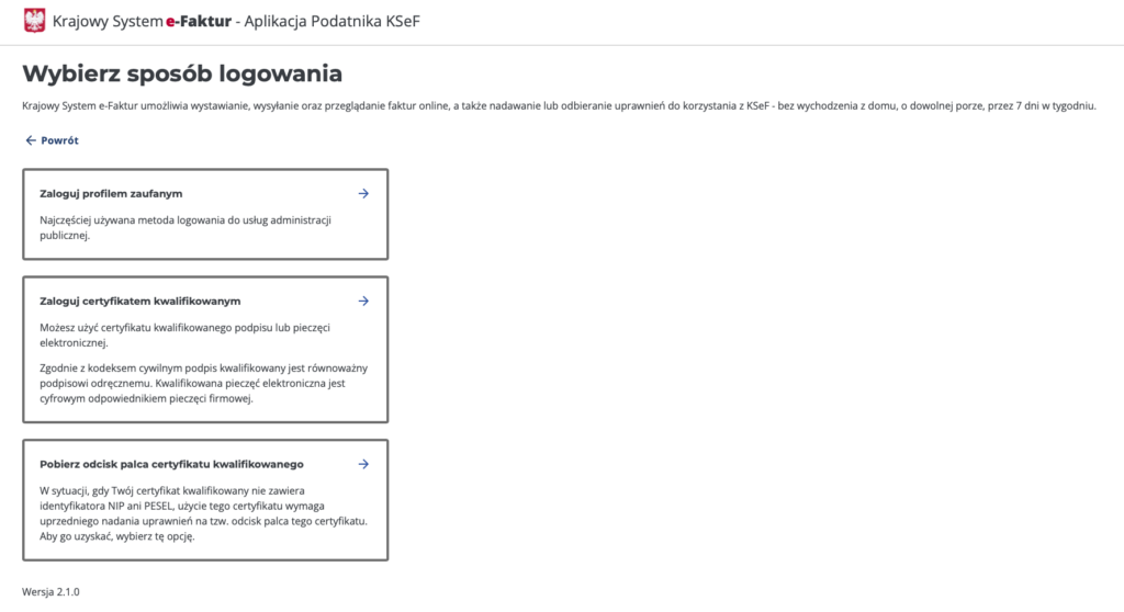 Wybór metody logowania do KSEF