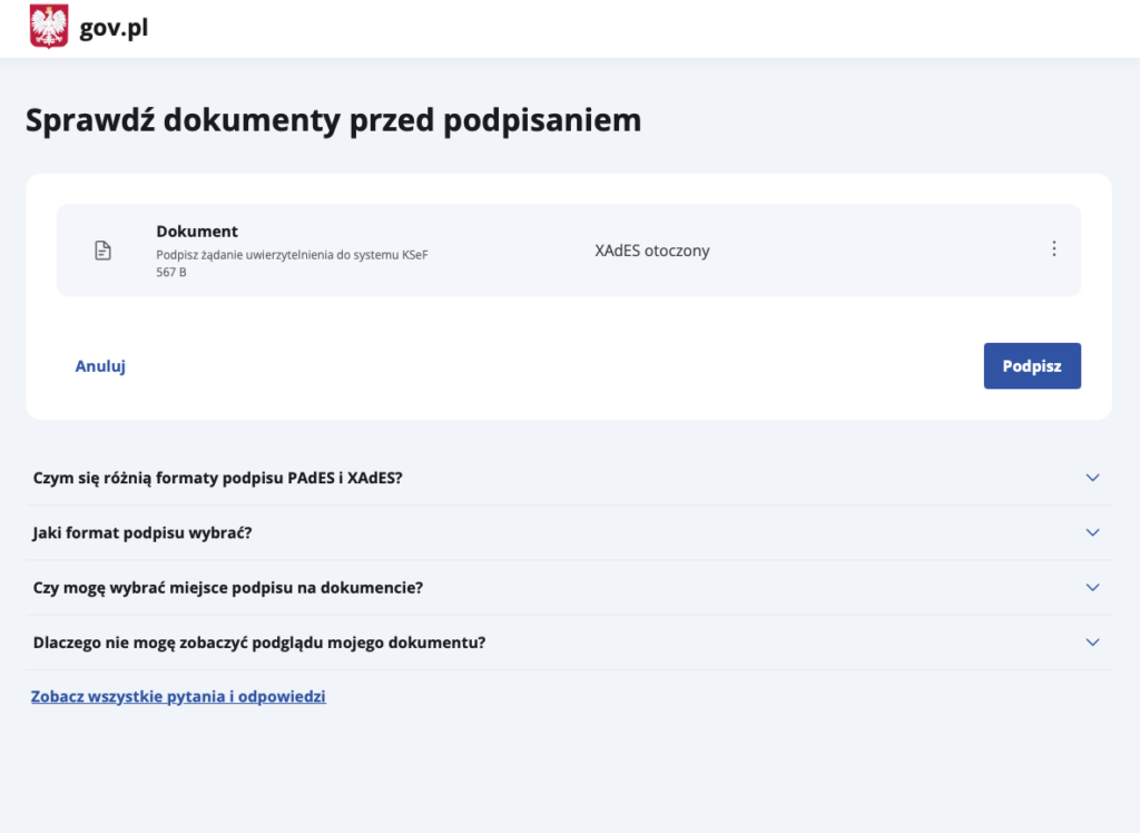 Widok podczas logowania się za pomocą profilu zaufanego