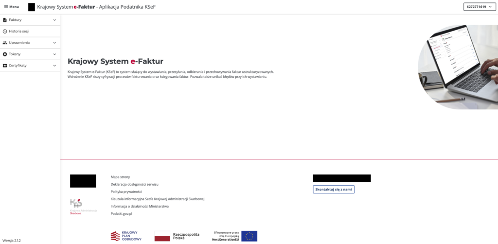 Widok KSEF po zalogowaniu się do systemu