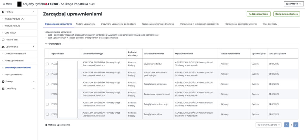 Widok posiadanych uprawnień w KSEF