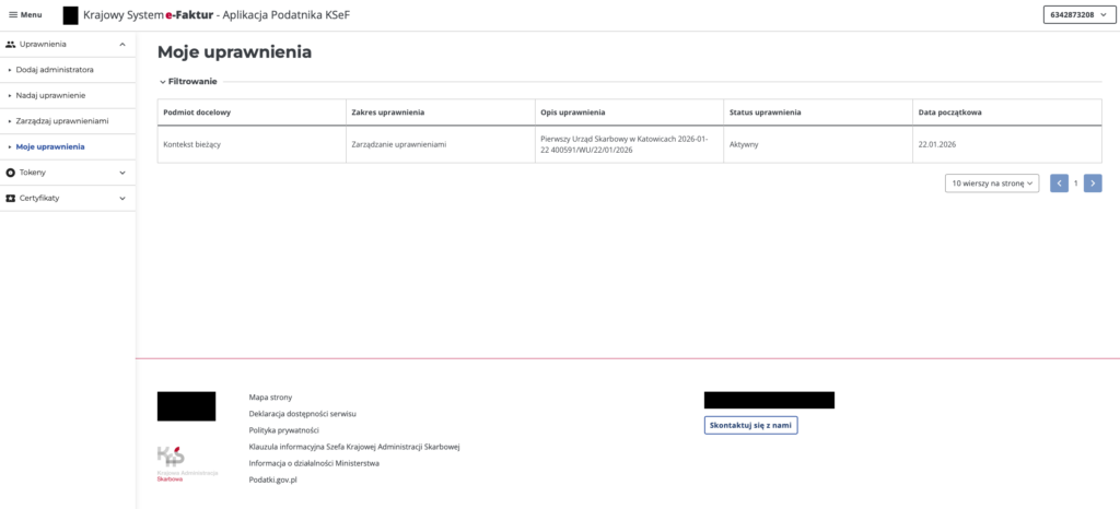 Widok posiadanych uprawnień w KSEF