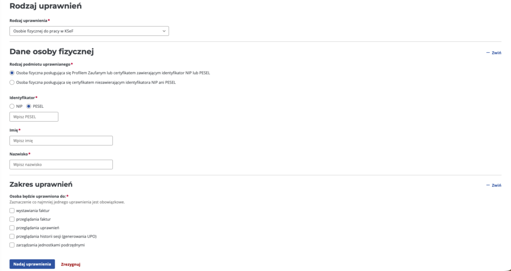 Widok posiadanych uprawnień w KSEF