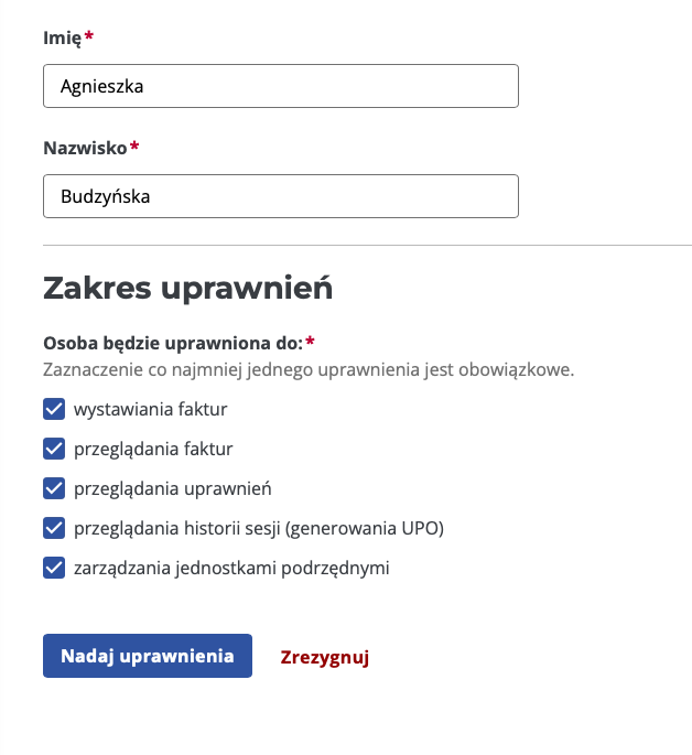 Nadawanie uprawnień osobie fizycznej