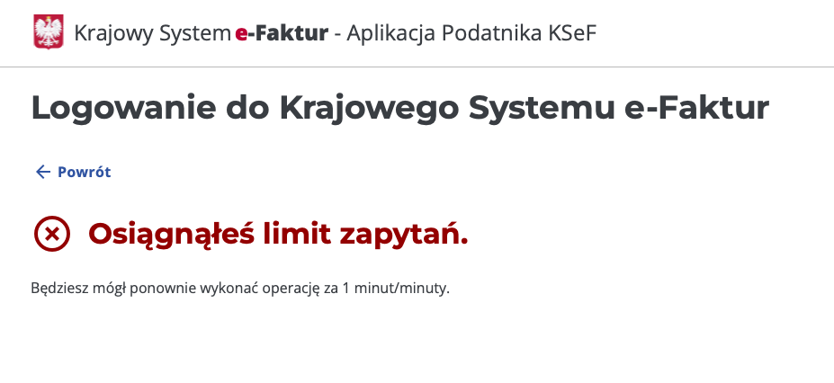 Zrzut ekranu o błędach logowania do KSEF